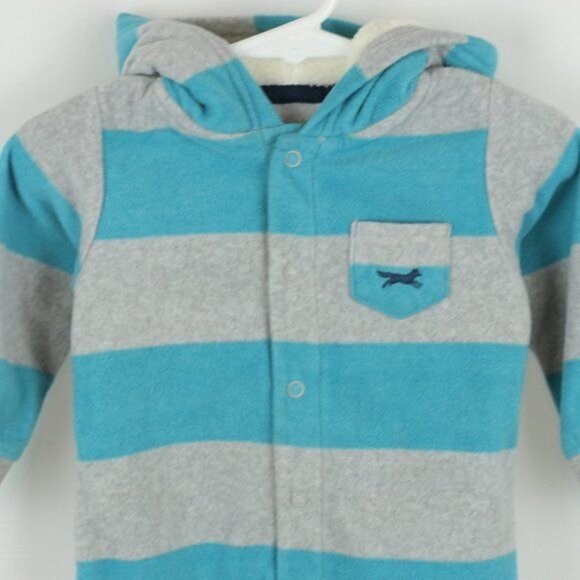 Carter's Infant 9 Months Blue Gray Striped Hooded Fleece Snap Up Winter Bodysuit - Picture 2 of 7